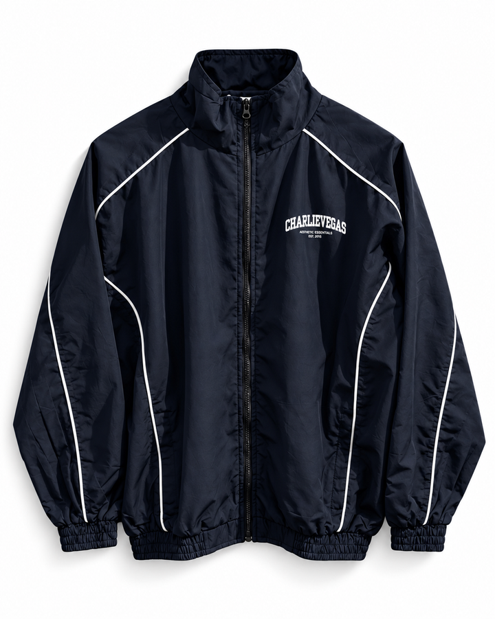Aesthetics Club Jacket in navy with white piping, front view