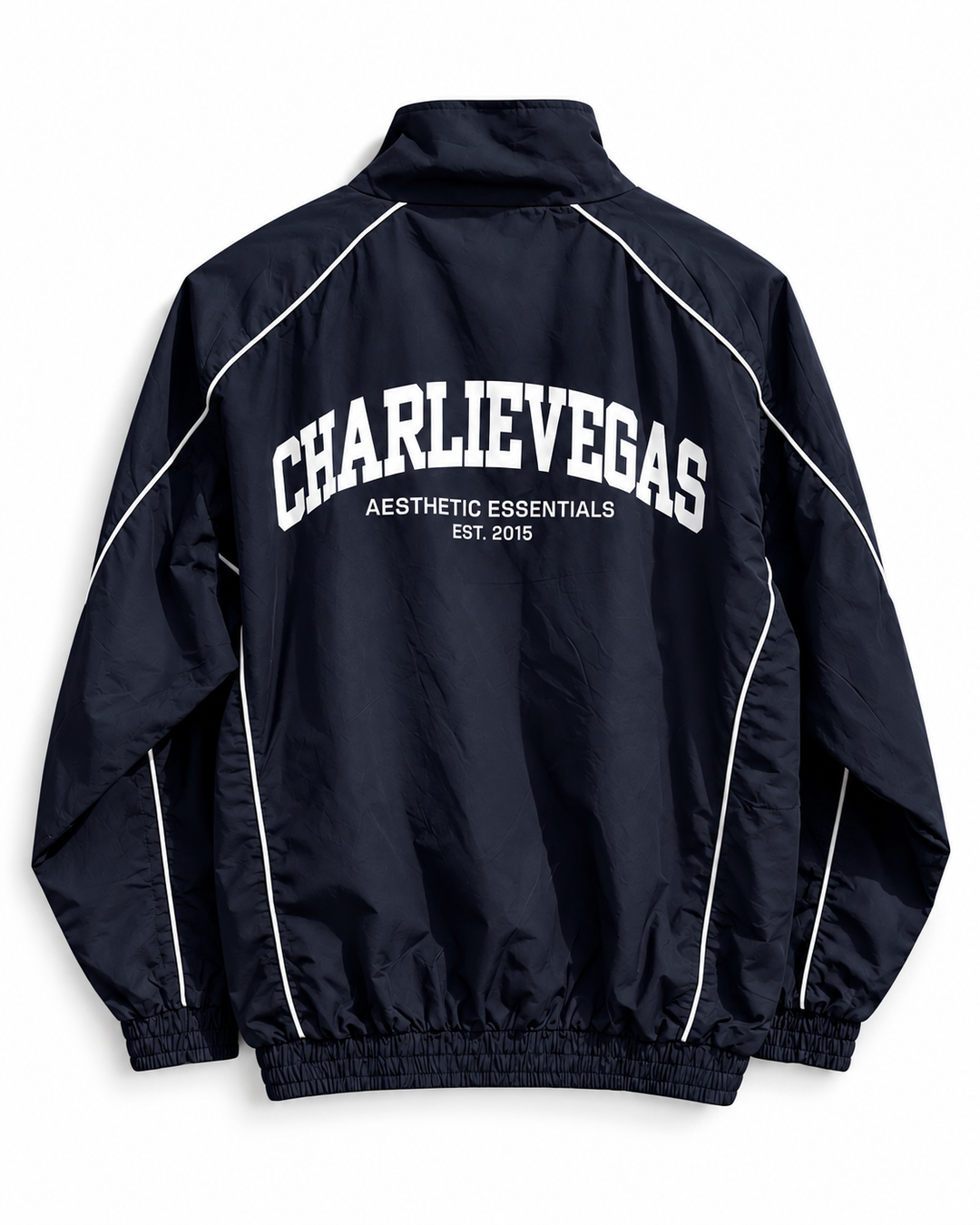 Aesthetics Club Jacket in navy, back view with CHARLIEVEGAS print