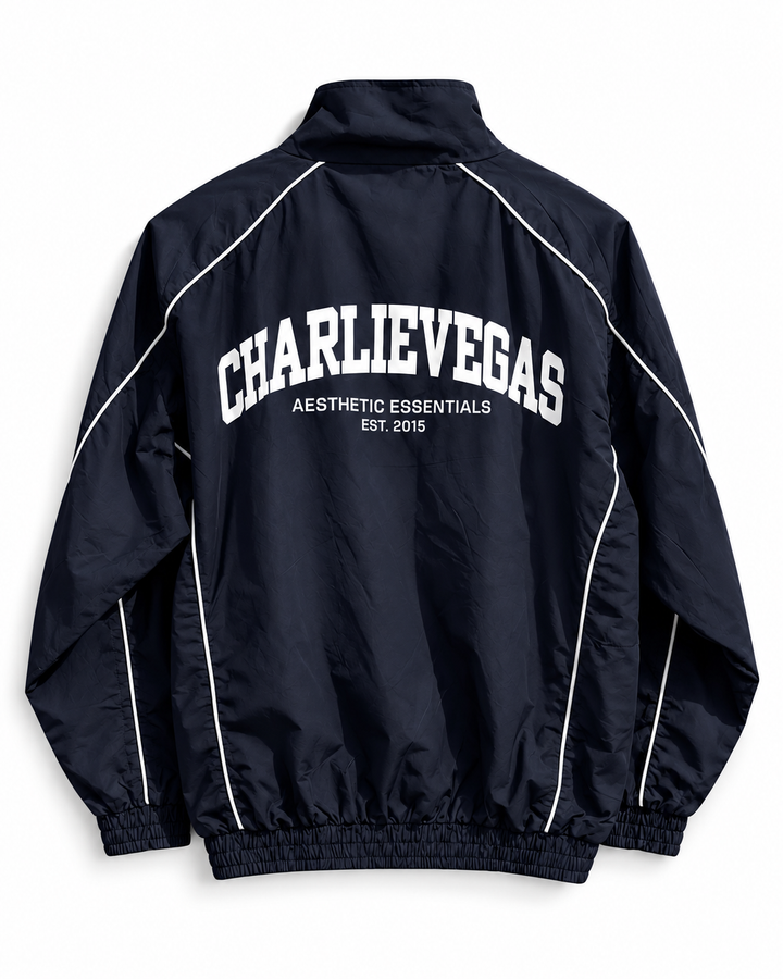 Aesthetics Club Jacket in navy, back view with CHARLIEVEGAS print