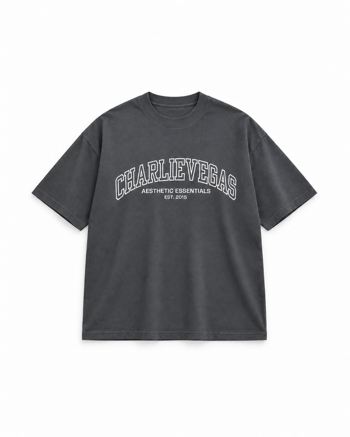 Varsity Tee in charcoal, flat lay showing the CHARLIEVEGAS varsity print